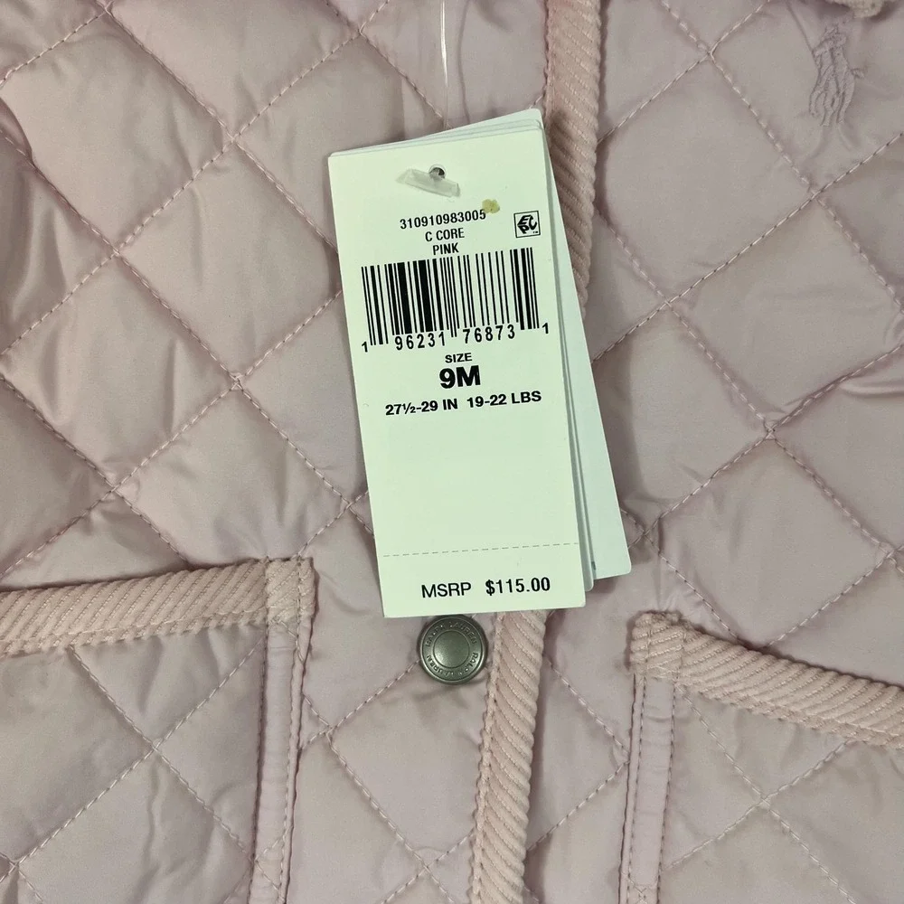 Ralph Lauren Jacket Girls 9M Pink Quilted Hooded Corduroy Collar Snap Pockets